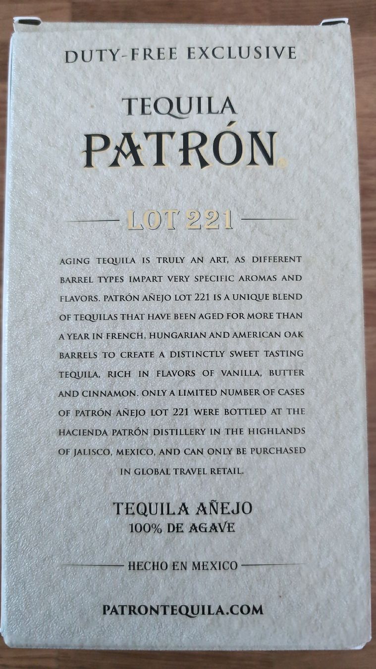 Bevande alcoliche: Limitierter Patron Anejo Tequila Lot 221 – Nuovo e nell'imballaggio originale da Bern venduto da Orwahn 2