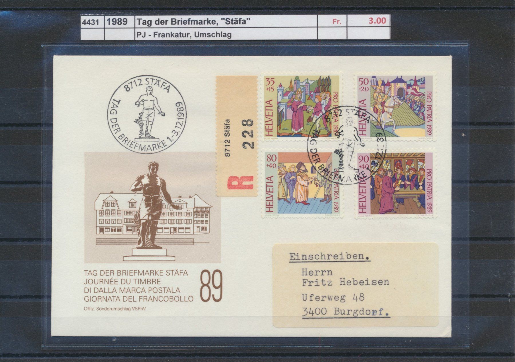 Tutti i francobolli: 1989 Tag der Briefmarke, "Stäfa", Umschlag – Usato da Winterthur venduto da Zupogeru