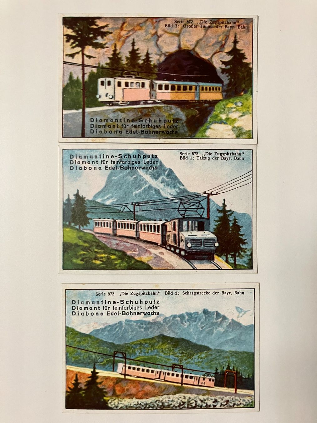 Cartoline postali: Litho-Bildkarten 3 Stk.,Zugspitzbahn, Diamantine Bohnerwachs – Usato da Würenlos venduto da Eulenpostuhu