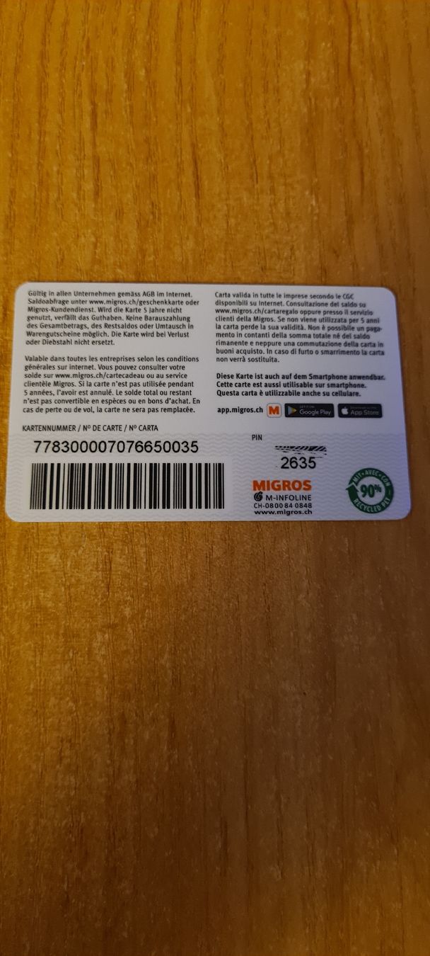 Cartoline: Migros Geschenkkarte  – Usato da Heiligkreuz (Mels) venduto da Wini65 1