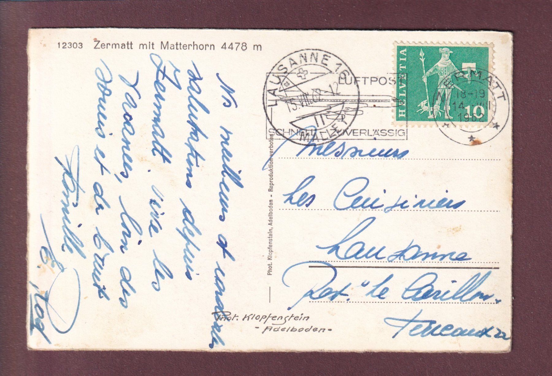 Cartoline postali: Zermatt - MATTERHORN - CERVIN - 1962 – Usato da Pully venduto da nicecards 1