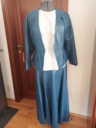 Vintage Leder Kostüm, blau, Gr. 38 - Rock & Jacke!