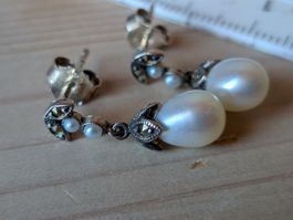 Elegante Ohrringe mit Perlen und Markasiten, 925 Silber