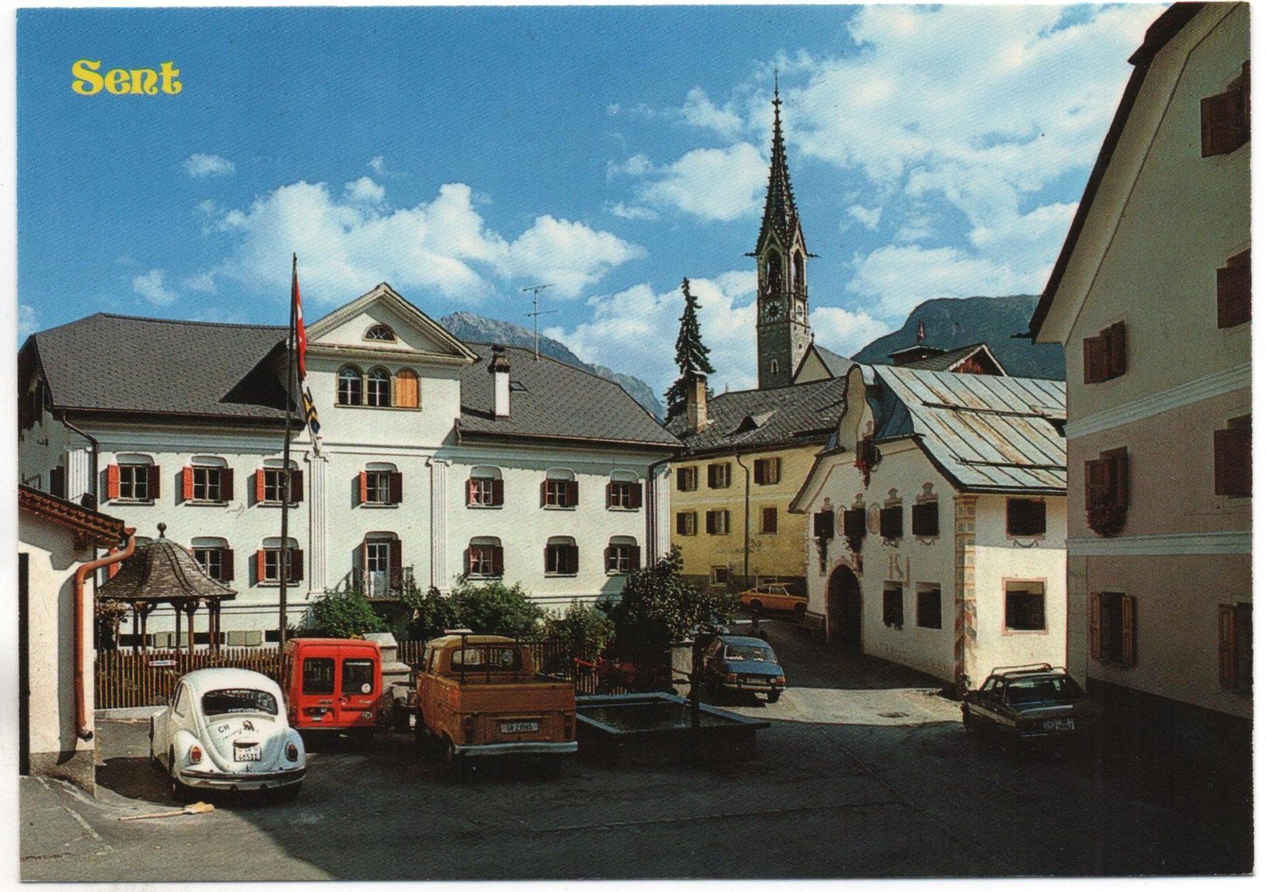 Cartoline postali: SENT Dorfpartie mit Auto, VW-Bus, VW-Käfer – Usato da Jona venduto da philajona