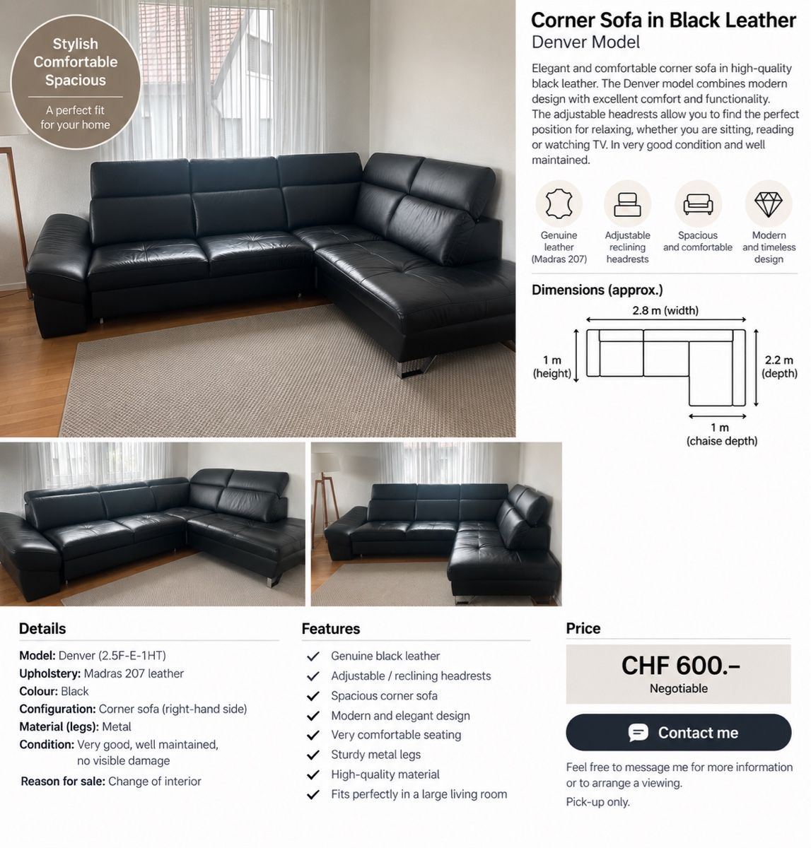 Sofas: Corner Sofa in Black Leather – Gebraucht aus Bonstetten von ine_g8y6