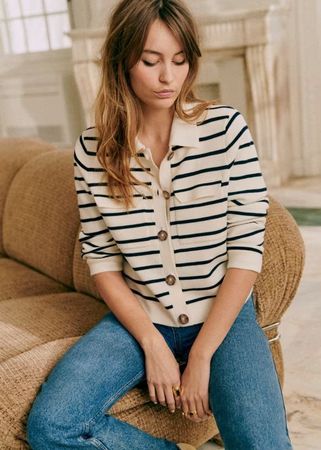 NEU Sezane Betty Strickjacke gestreift beige schwarz Gr. M