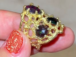 Black Opals White Sapphire SS925 14KGold Vermeil Pinkie Ring