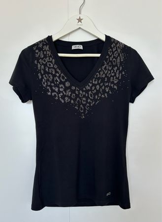 Liu Jo Rhinestone Leopard Print V-Neck T-Shirt
