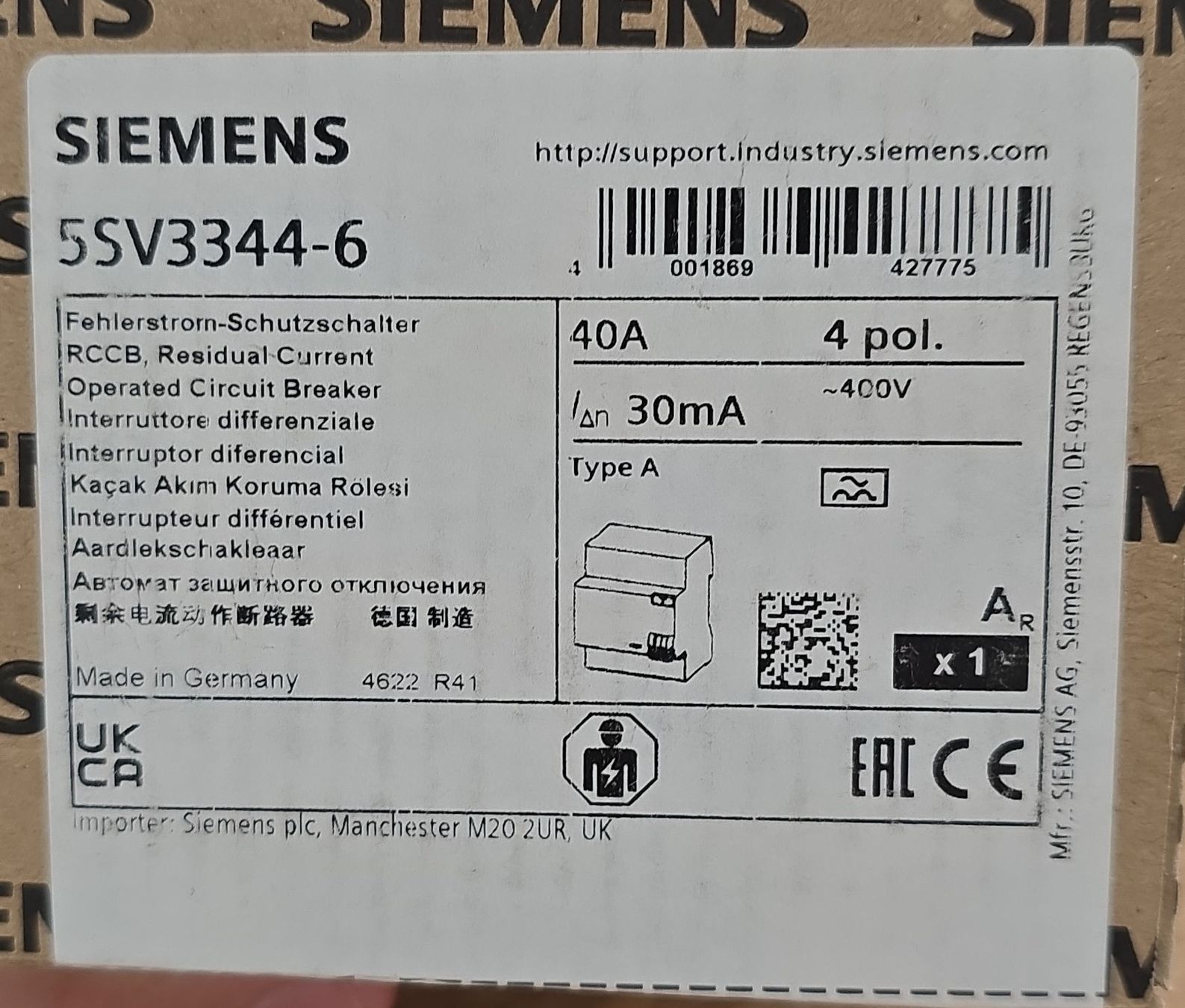 Siemens Schalter: Siemens Fehlerstrom-Schutzschalter 5SV3344-6 - Neu! – Neu und originalverpackt aus Romanshorn von Elektriker-shop