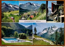 CHAMPERY - Le train, La piscine - Carte ancienne