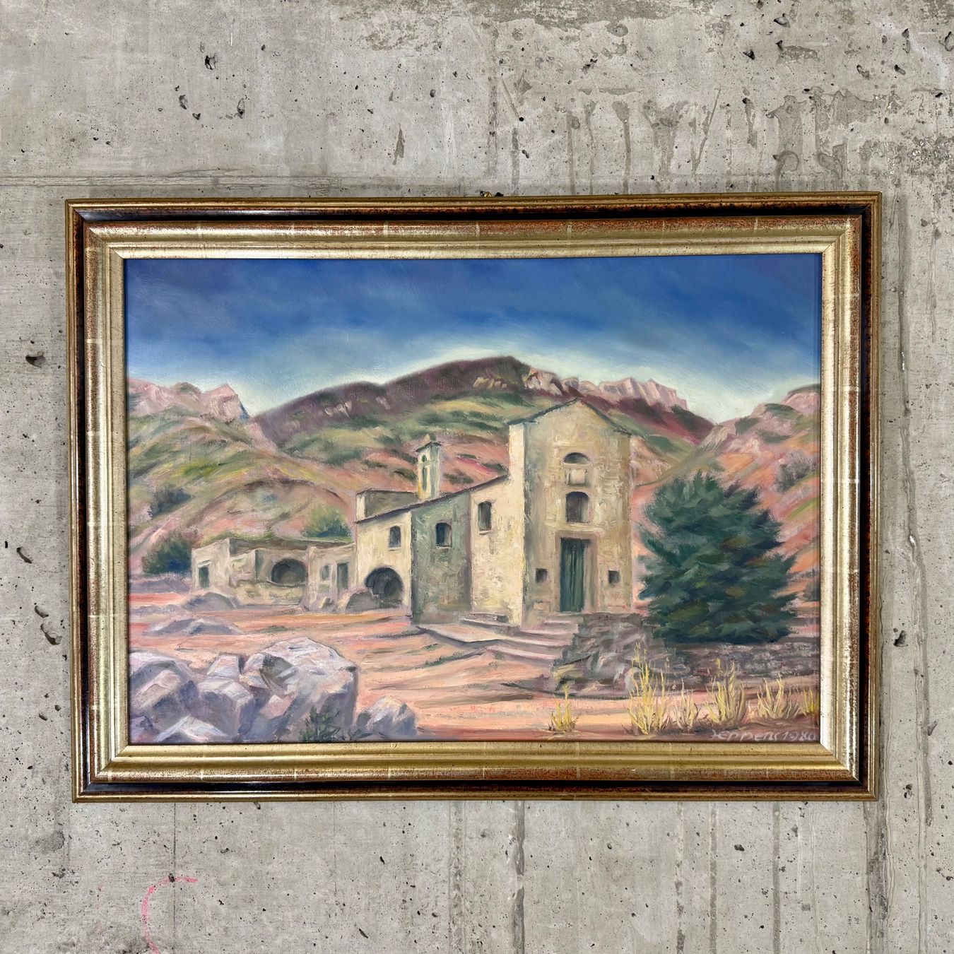 Gemälde: Hans Eppens, Original Ölgemälde 1980, "Corsische Kirche" – Gebraucht aus Basel von Brocki-auf-dem-Wolf