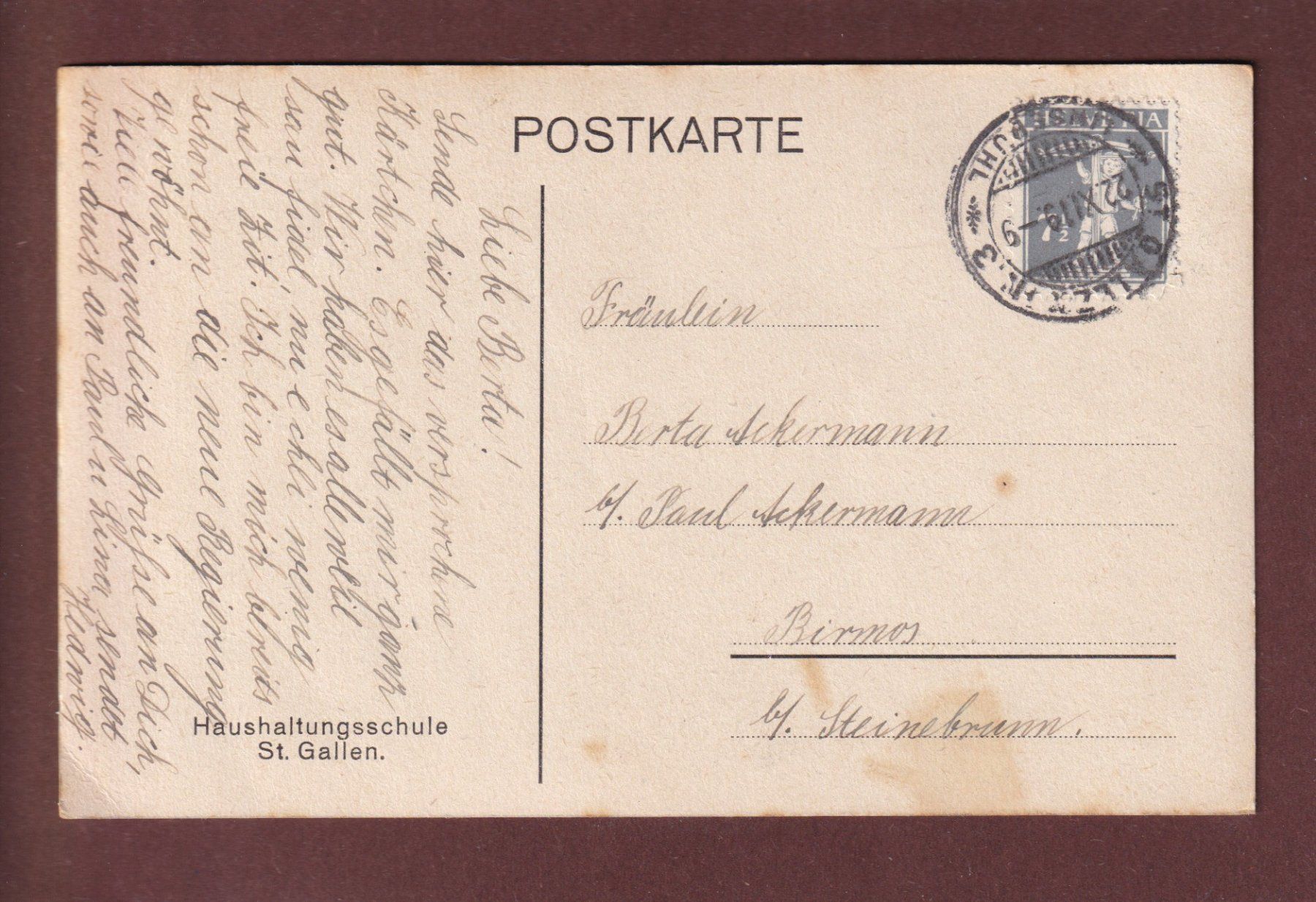 Ansichtskarten: ST. GALLEN - Haushaltungsschule - 1919 // Eckbug // – Gebraucht aus Pully von nicecards 1