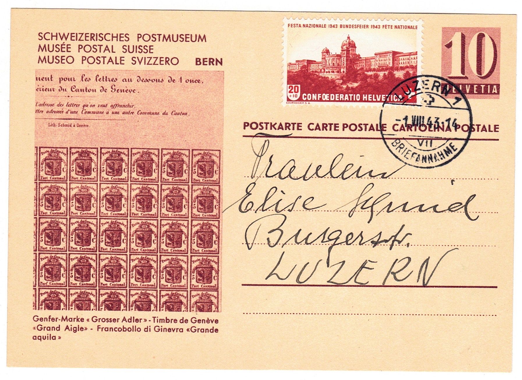 Alle Briefmarken: Entier postal de Bern pour Luzern le1.VIII.43 – Gebraucht aus La Tour-de-Peilz von amjust