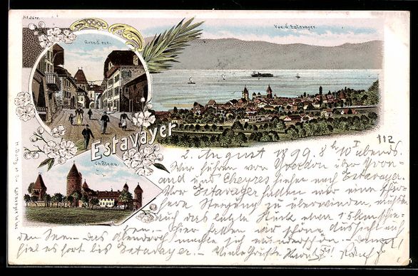 Cartoline postali: Litho Estavayer, Grand' rue, Chateau – Usato da Berlin venduto da bartko-reher