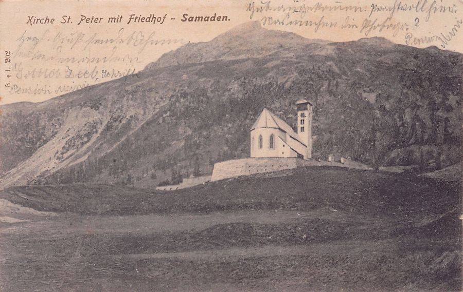 Cartoline postali: Samaden, Kirche St. Peter mit Friedhof, gelaufen 1906 – Usato da Frauenfeld venduto da POML