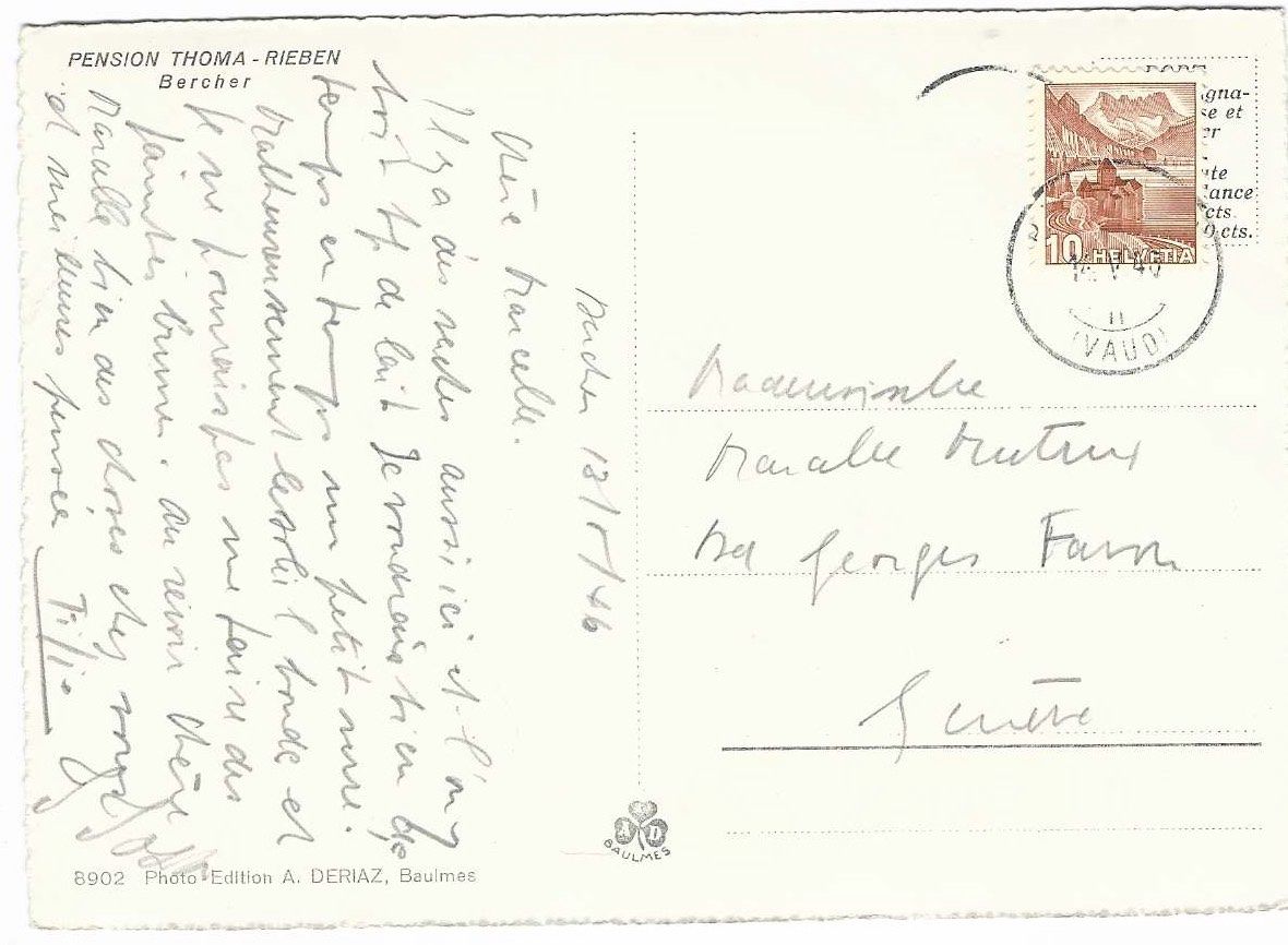 Cartoline postali: Bercher Pension Thoma-Rieben 1946 GF – Usato da Brenles venduto da hello1063 1