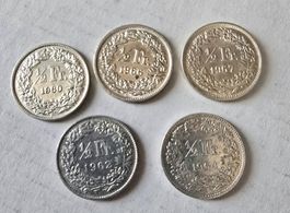 5 Stk 50 Rappen Silbermünzen 1960/62/64/66/67