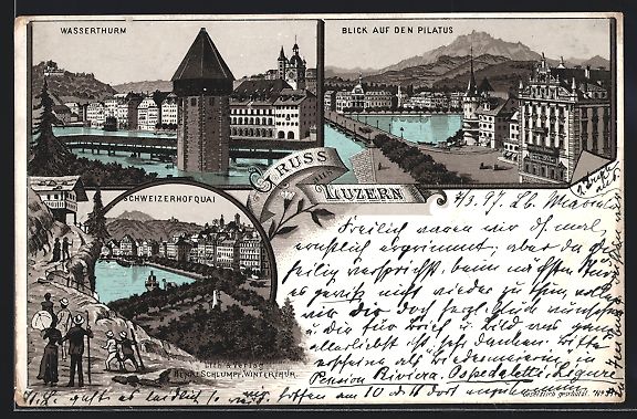 Cartoline postali: Luzern, Wasserthurm, Blick auf den Pilat – Usato da Berlin venduto da bartko-reher