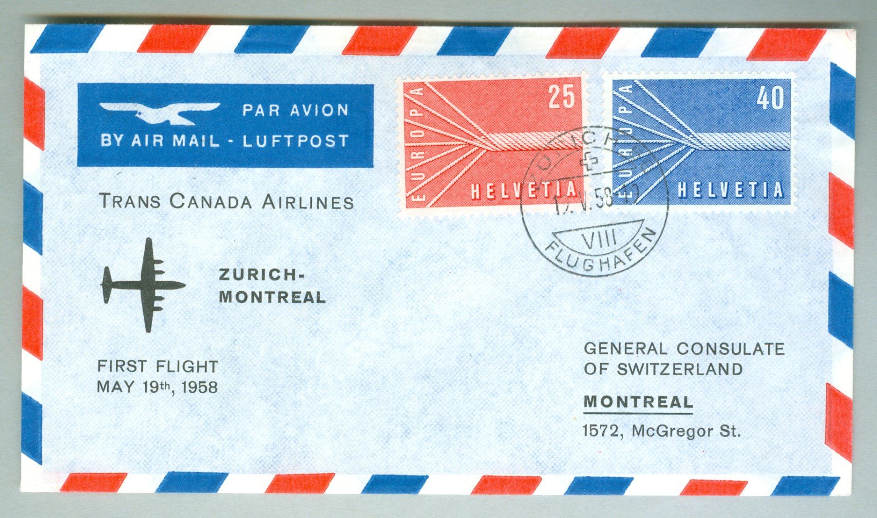 Alle Briefmarken: 1958 Schweiz Flugpost RF – Gebraucht aus Zürich von yago-rot