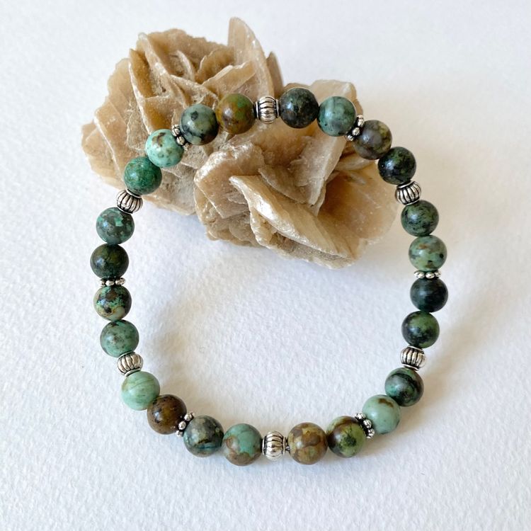Bracelet/Collier Élastique Turquoise Africaine - Breloque Om - Acier Inoxydable - Neuf Avec étiquettes