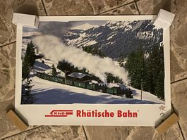 altes Plakat RhB Zug Bahn Poster Vintage Graubünden antik