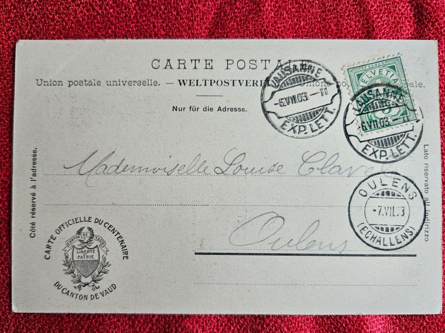 Cartoline postali: Carte postale Centenaire du Canton de Vaud  1908 – Usato da St-Barthélemy VD venduto da trak98p 1