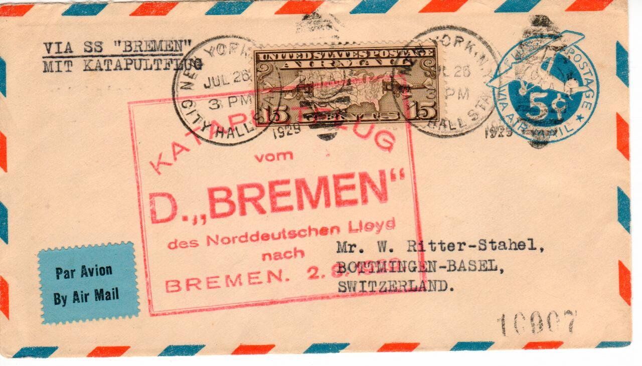 Tutti i francobolli: Via SS Bremen mit Katapultflug 1929 – Usato da Wolhusen venduto da Curver9
