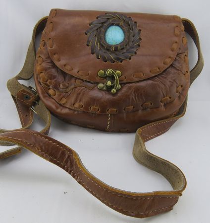 Vintage - Ledertasche mit Türkis-Stein - Umhängetasche