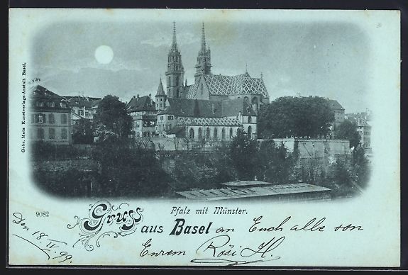 Cartoline postali: Mondschein-AK Basel, Pfalz mit Münster – Usato da Berlin venduto da bartko-reher