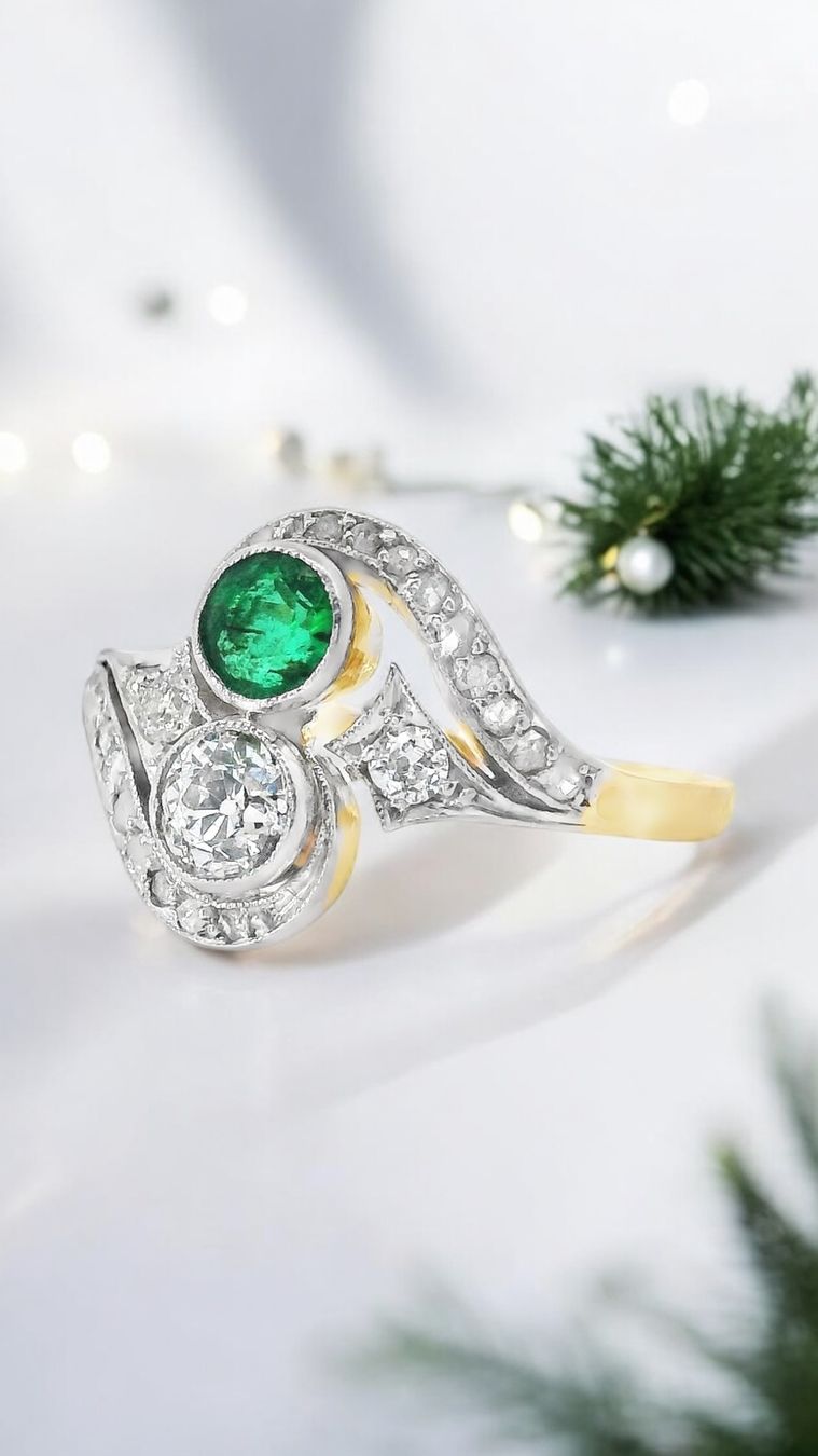 Anelli: Toi et Moi 18k Diamant u Smaragd Ring – Usato da Embrach venduto da estzeh1 4