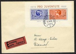 1937, J83I/84I, Block Pro Juventute auf Eil-Brief (15879)