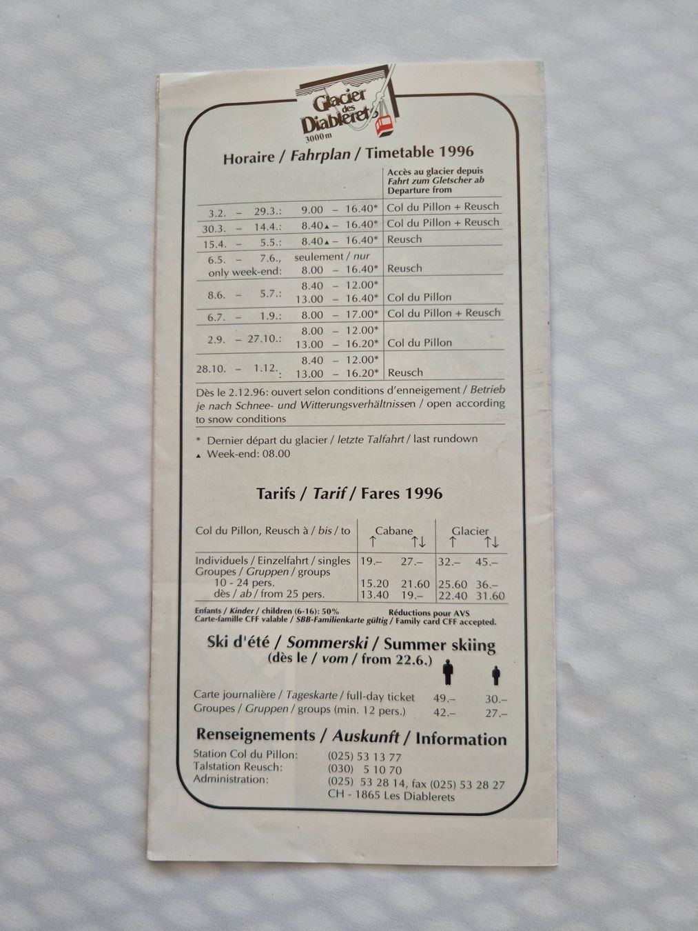 Documenti: Fahrplan Glacier des Diablerets 3000m 1996 – Usato da Langendorf venduto da zvonu161 1