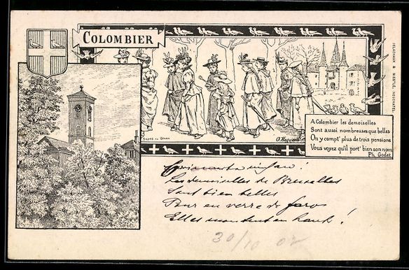 Ansichtskarten: Lithographie Colombier, Tour et cortège – Gebraucht aus Berlin von bartko-reher