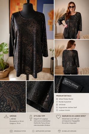 Damen Shirt L 40 38 Schwarz Glitzer Paisley party 4000 trend