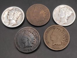 5x Münzen USA (2x Silber/3x Bronze)