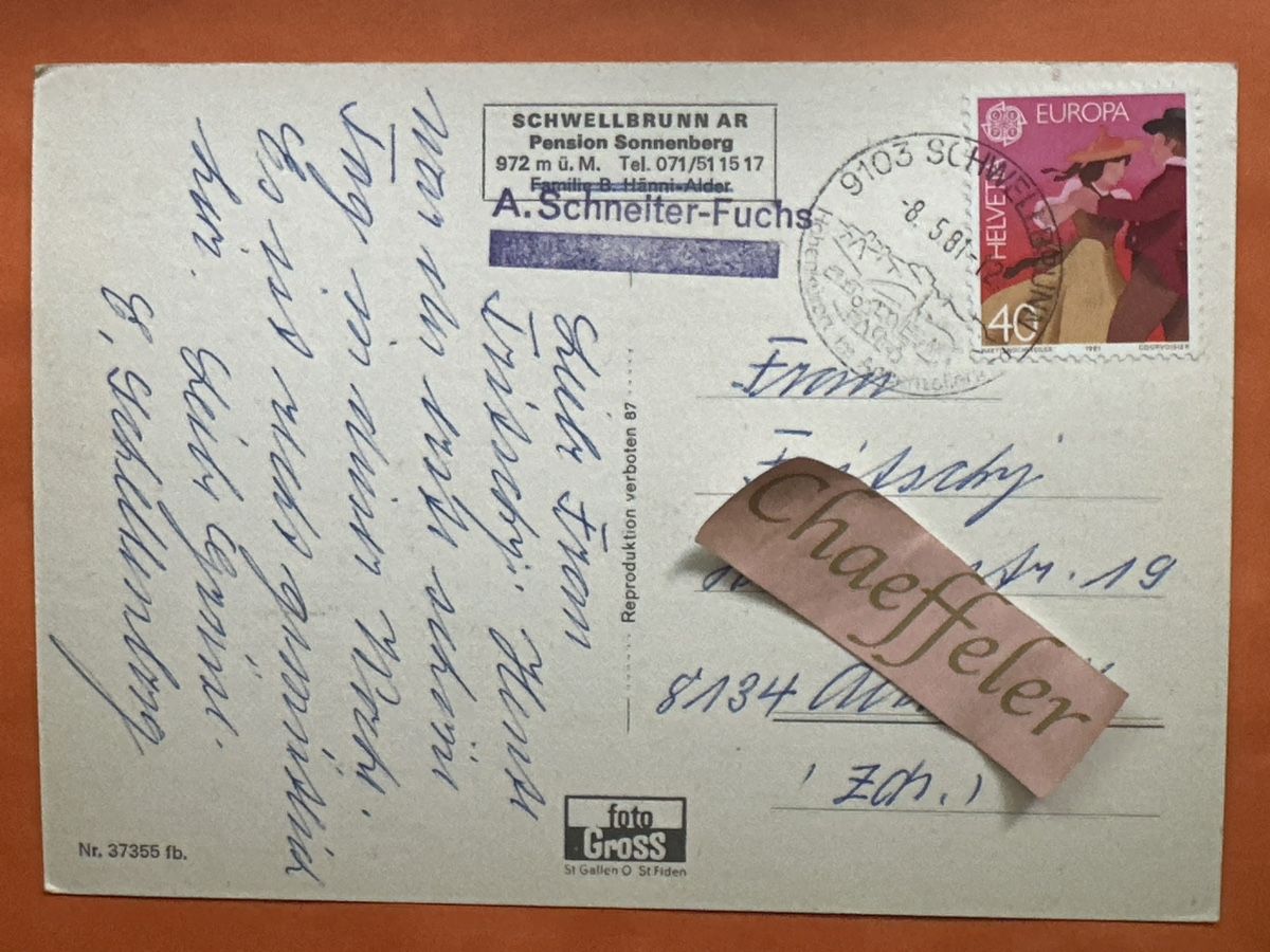 Cartes postales: Ansichtskarte 1981 Pension Schwellbrunn, Sonnenberg Pension – D'occasion à Zürich par Chaeffeler 1