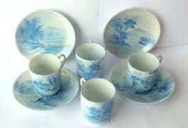 4 Tassen m. Unterteller Porzellan Asien handbemalt Blau-Weiß
