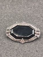 Jugendstil 835er Silber Brosche Onyx Markasiten Meisterpunze