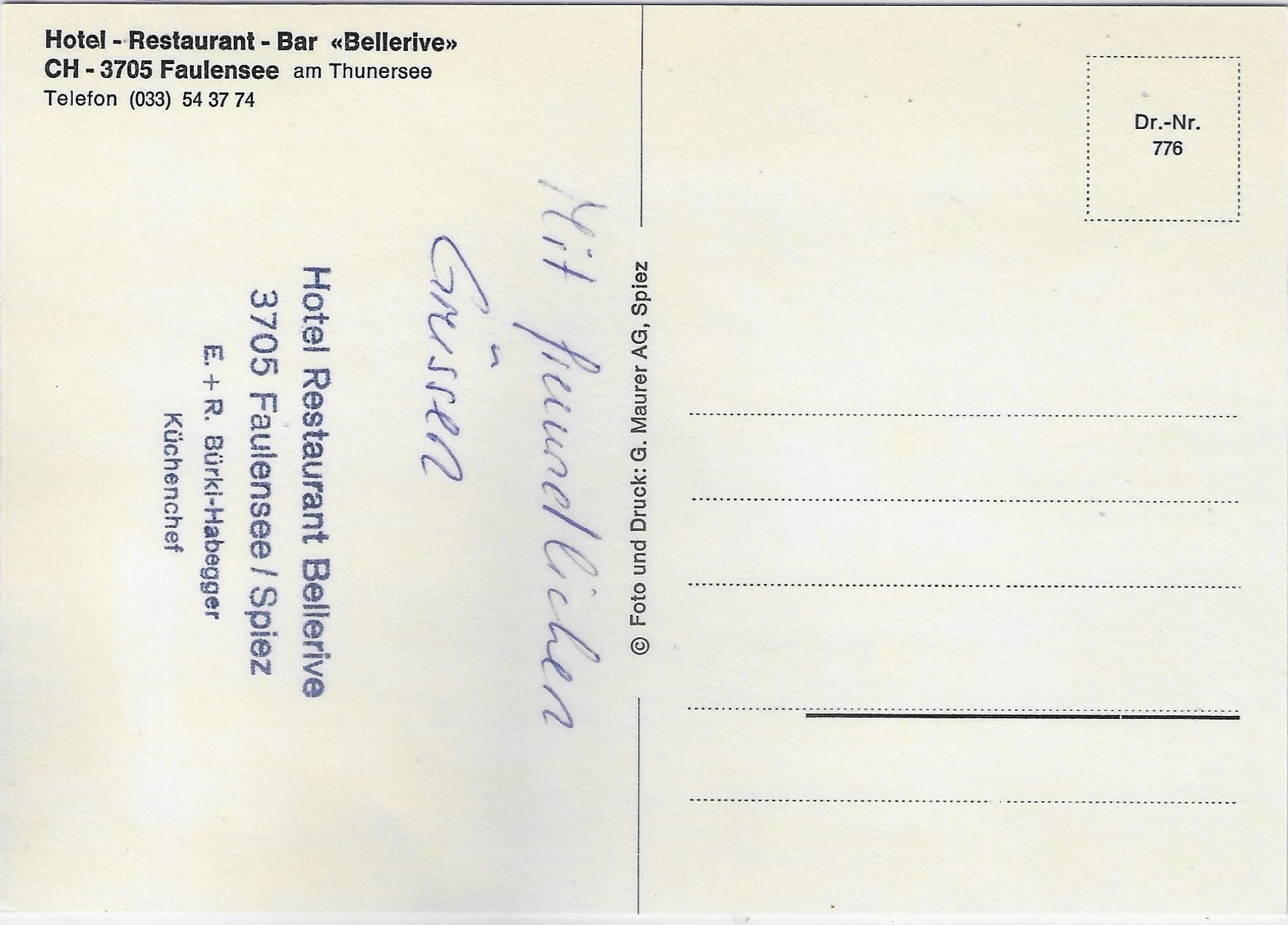 Cartoline postali: Hotel-Restaurant-Bar Bellerive Faulensee – Usato da Ettingen venduto da Kartenplanet 1