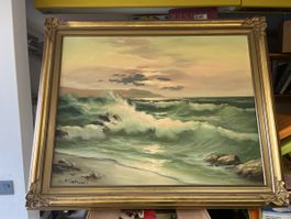 Tableau marin avec vagues signé G. Marini cadre doré