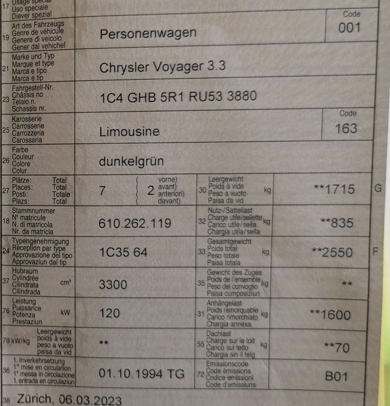 Chrysler Automobili: 1994 Chrysler Voyager – Usato da Zürich venduto da ole_wnr8 4