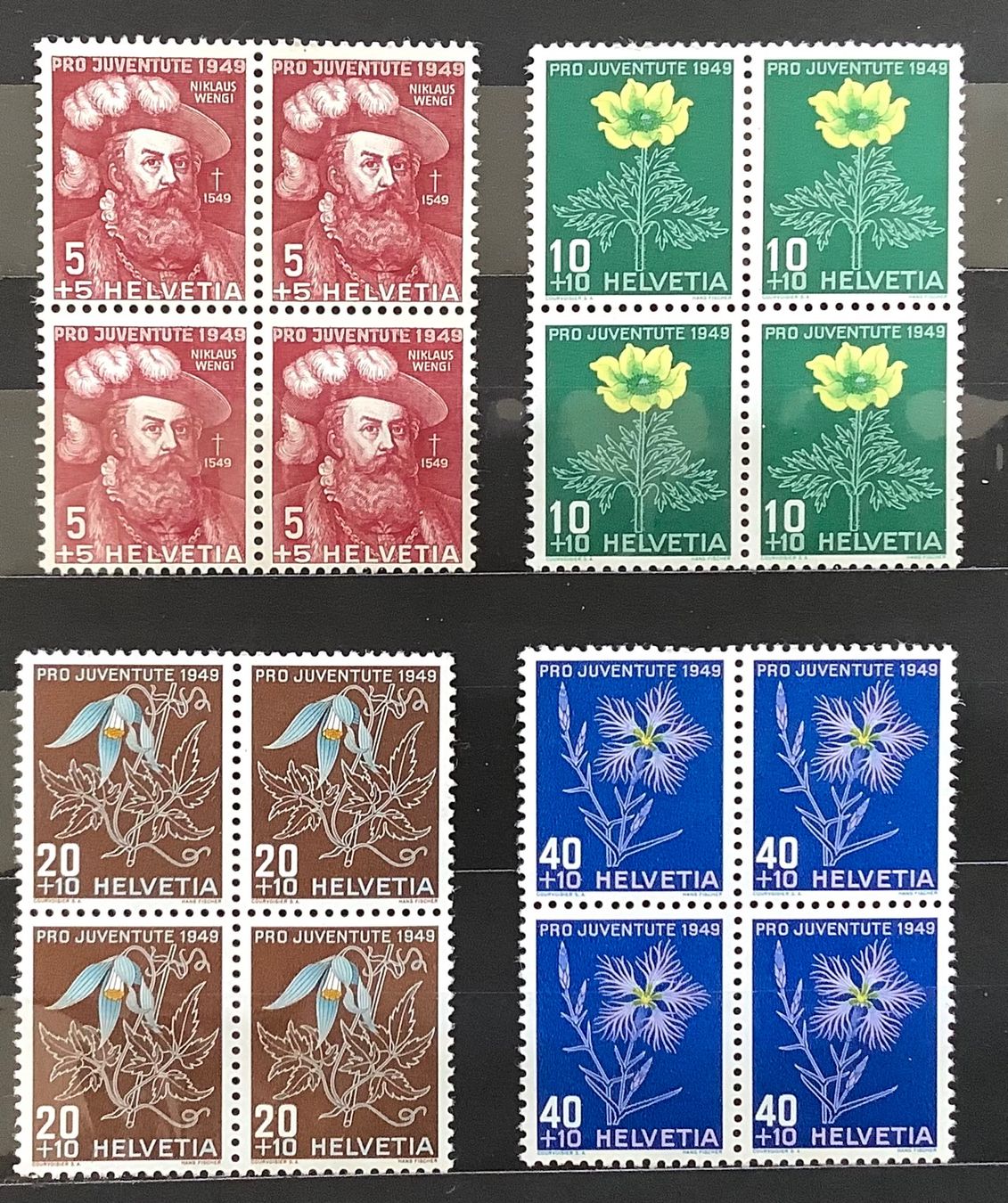 Alle Briefmarken: 1949 Pro Juventute Viererblöcke Postfrisch ** – Neu (gemäss Beschreibung) aus Liestal von Skunk02