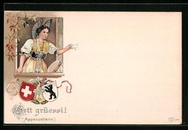 Lithographie Appenzellerin in Tracht
