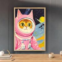Affiche Poster Illustration Chat Astronaute Rose espace