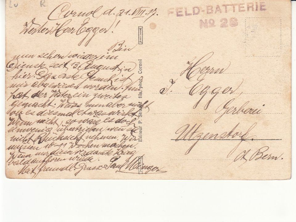 Cartoline postali: Cornol 1917, mit Stempel Feldbatterie No. 28 – Usato da Bürglen TG venduto da StampGraf 1