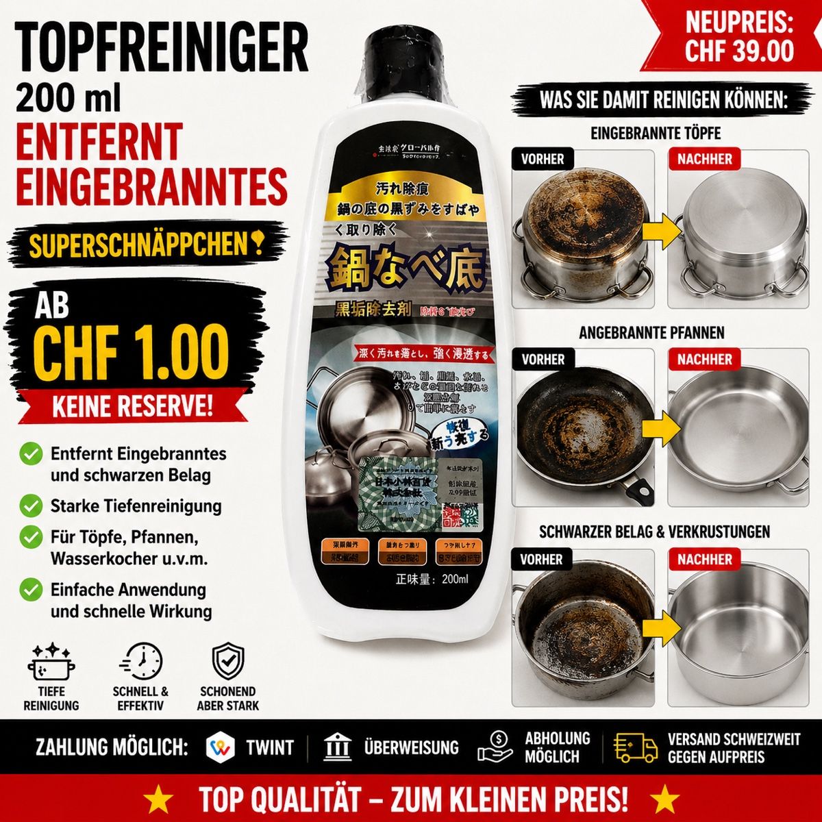 Prodotti di pulizia: Topfreiniger 200 ml, entfernt Eingebranntes, NP CHF 39 – Nuovo e nell'imballaggio originale da Tägerwilen venduto da Swiss-Ricardo