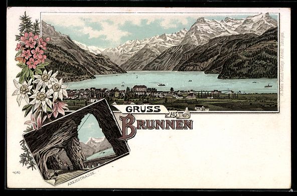 Ansichtskarten: Litho Brunnen, Panorama mit See und Berg – Gebraucht aus Berlin von bartko-reher