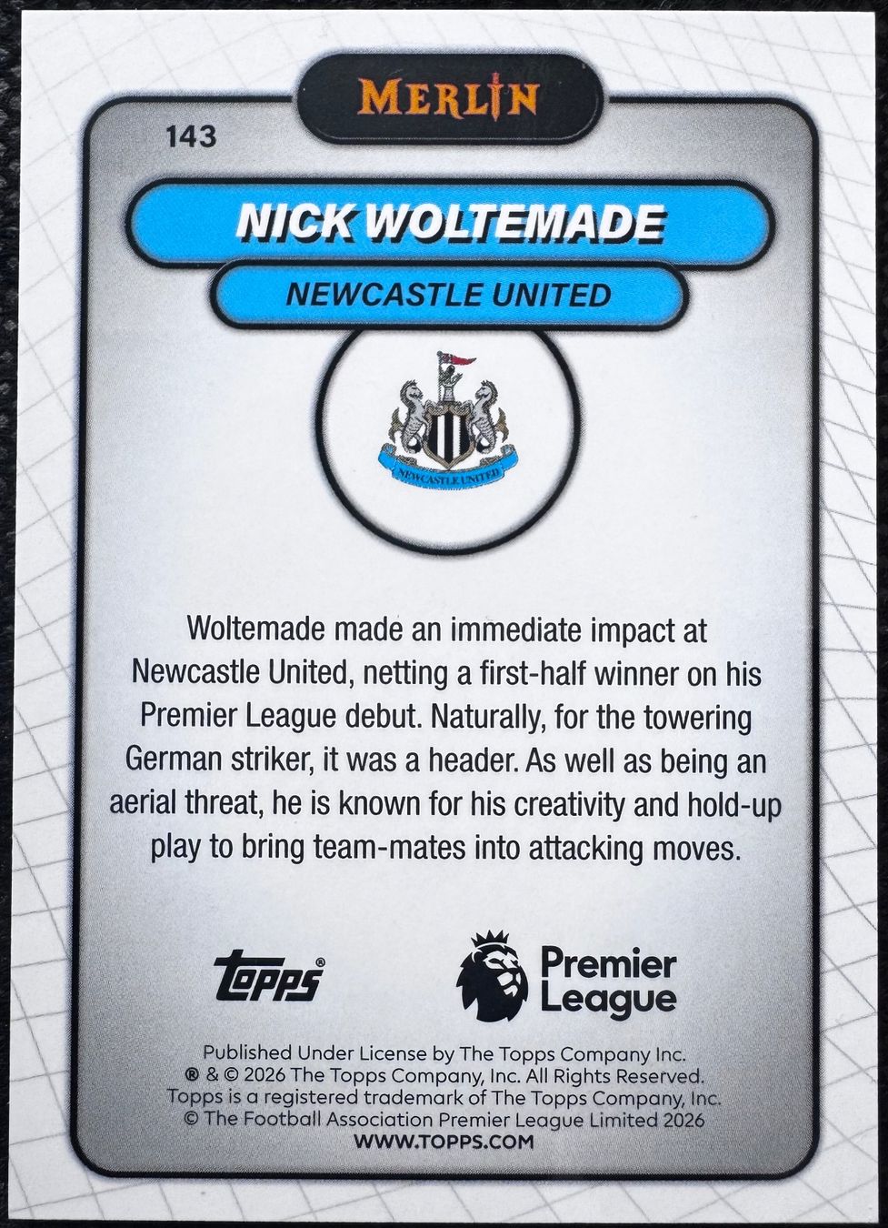 Topps Cartes à collectionner: 2025-26 Topps Merlin EPL Nick Woltemade /199 – D'occasion à Reconvilier par Cardito 1