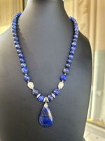Halskette Lapislazuli Perlen mit Anhänger HANDARBEIT