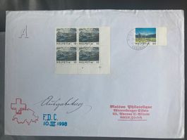 Schweiz 1998 Ersttagsbrief 10Rp 4er-Block 50 Rp Landschaft